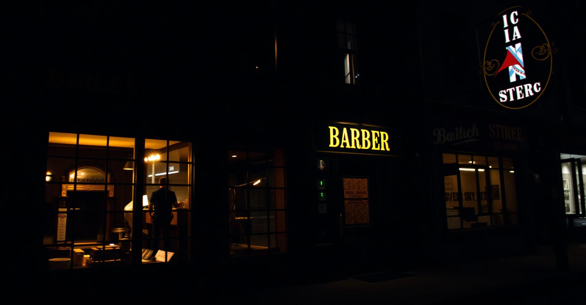The Gentry Barbershop storefront glowing on a downtown street at night