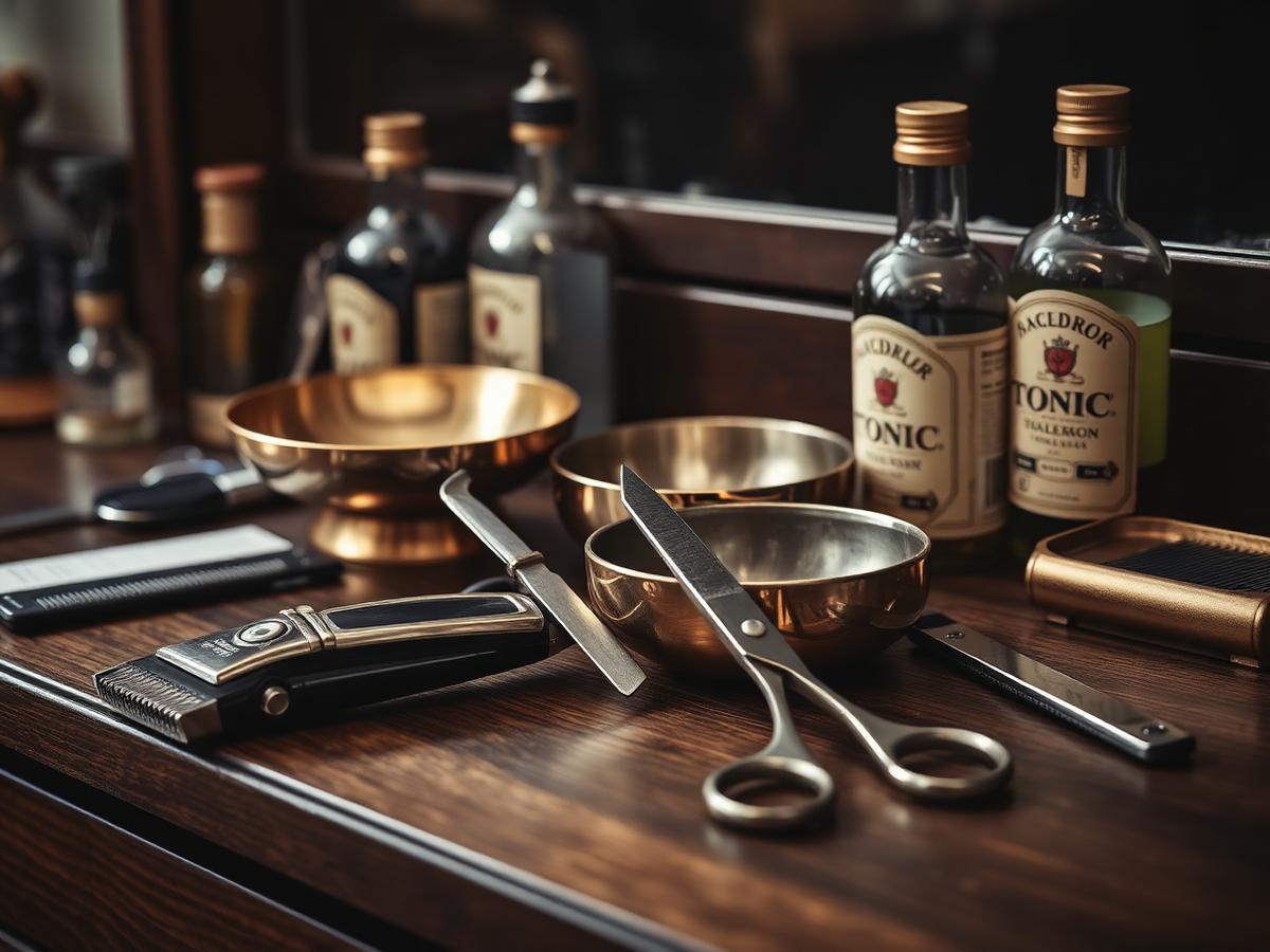 Barber tools laid out on a walnut counter